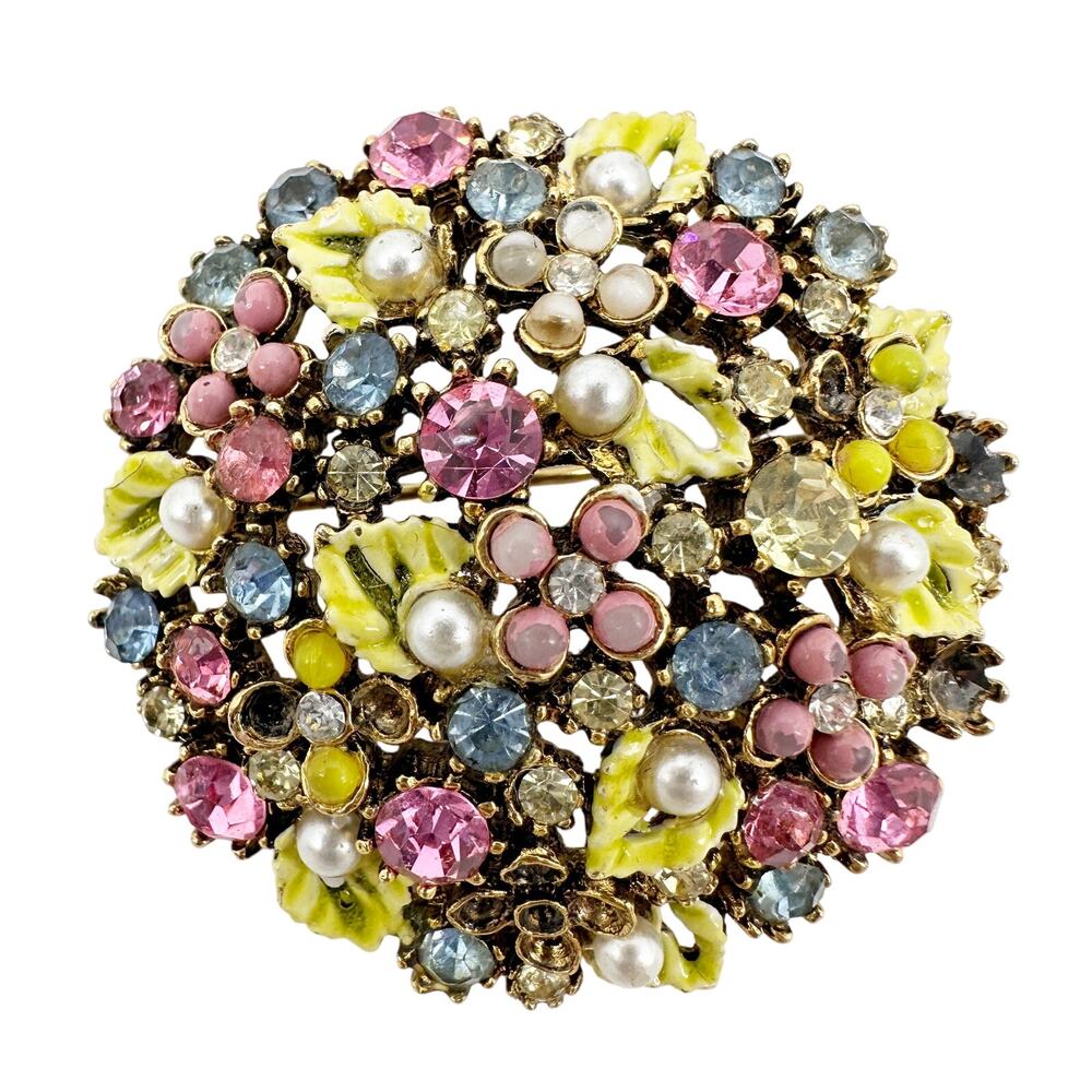 vintage Mode-Art pink yellow blue statement BROOCH rhinestones round jewelry pin
